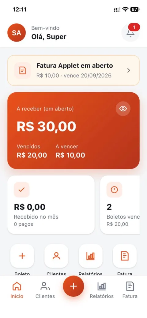 Aplicativo Applet: valores a receber e boletos vencidos